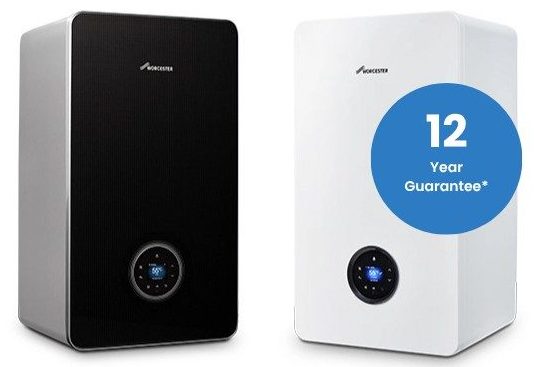 Worcester Bosch black and white boilers with 12 year guarantee badge